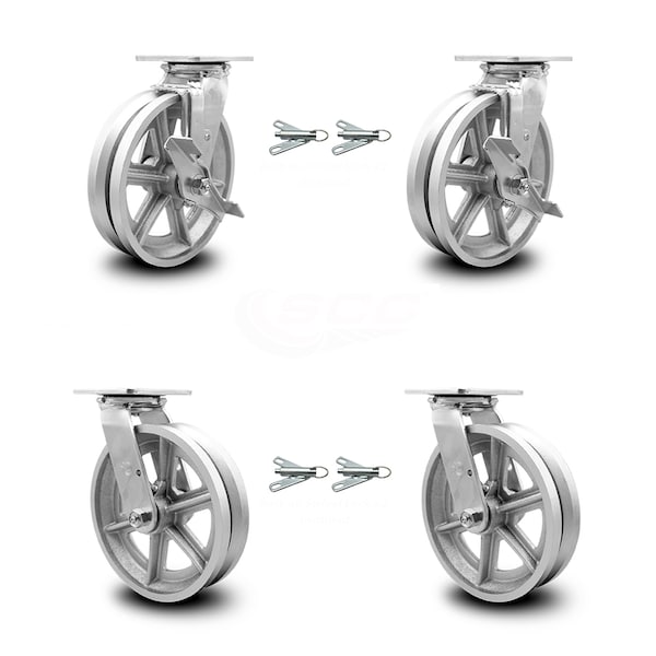 Service Caster 8 Inch V Groove Semi Steel Caster Set with Roller Bearings 4 Swivel Lock 2 Brake SCC-30CS820-VGR-TLB-BSL-2-BSL-2 - main